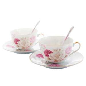 Rózsás porcelán cappuccino csésze aljjal és kanállal - 2 személyes - arany szegélyes 91003623 