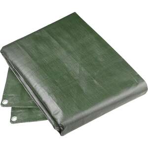 Green waterproof tarpaulin folded in half, showing the metal eyelets - Garden tarp