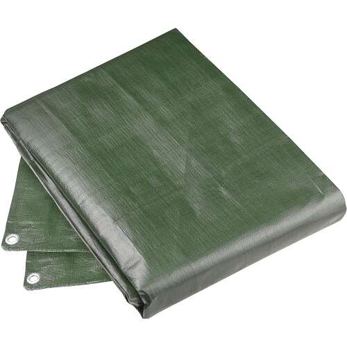 Green waterproof tarpaulin folded in half, showing the metal eyelets