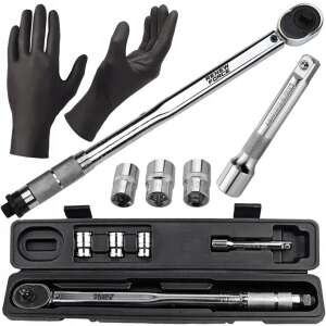 Steel/Chrome Torque Wrench Set, 1/2 inch, Adjustable 28-210 Nm, with 3 Sockets and Gloves