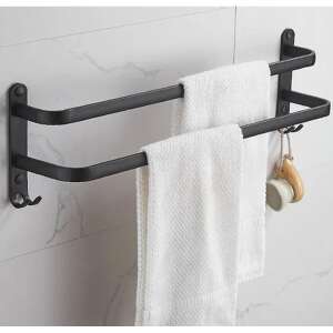 Black towel rack with two bars and hooks, mounted on a wall - Towel rack