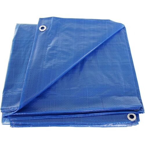 Folded blue waterproof tarp with metal grommets, close-up.