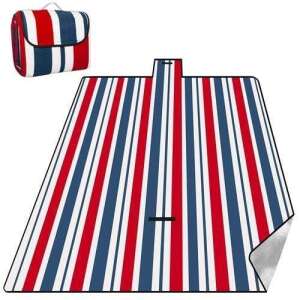 Red, white, and blue striped picnic blanket with carrying handle, waterproof and easy to clean - Picnic blanket