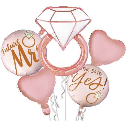 5 darabos rózsaarany menyasszonyi zuhany ballon készlet, tartalmaz gyűrűt, szíveket, valamint 'jövőbeli feleség' és 'igen mondta' lufikat