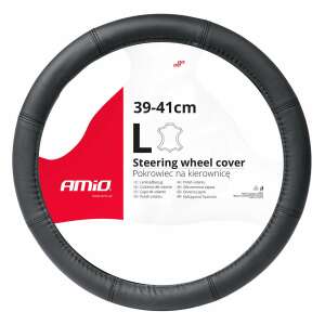 AMIO steering wheel cover, black, size L, 39-41cm, leather, car accessory - AMiO