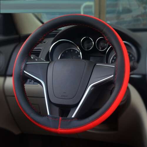 Czarna skórzana osłona kierownicy z czerwonymi szwami, do samochodów, średnica 37-39 cm, z igłą i nicią (szyta, ORYGINALNY wygląd)