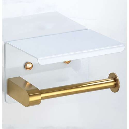 White toilet paper holder with extra shelf and gold arm