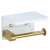 White toilet paper holder with extra shelf and gold arm