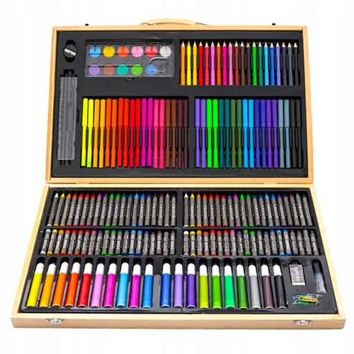 180 darabos művészeti készlet gyerekeknek és felnőtteknek, zsírkrétával, festékkel és filctollakkal, fa hordtáskában, AVX-WT-ART-10 modell