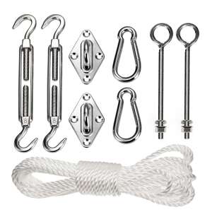 GreenBlue shade sail connection kit with stainless steel turnbuckles, hooks, carabiners, rope, and mounting plates - Garden Furniture Accessory