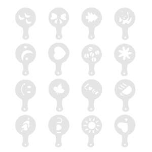 Sada 16 šablón na zdobenie kávy a dezertov, s rôznymi vzormi, ako sú srdcia, hviezdy, kávové zrná a mnoho ďalších. Perfektné na pridanie štipky kreativity do nápojov a dezertov. - Šablóny na zdobenie kávy