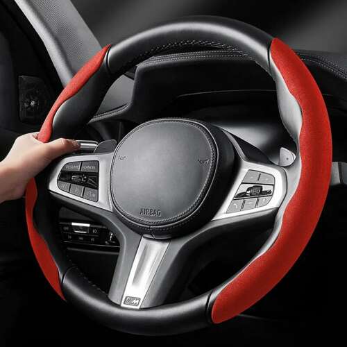 Red Alcantara steering wheel cover, universal size, car interior accessory