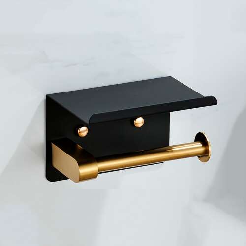Fekete és arany WC-papírtartó polccal, WC-papírtartó extra acél polccal fekete, arany karral