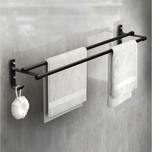 Aluminum Towel Rack for 2 Towels + 2 Hooks, Length 60 cm, Color Black