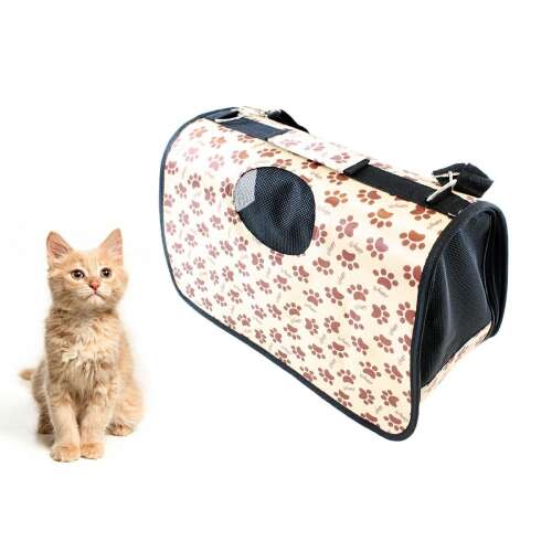 Beige Tiertransporttasche mit Pfotenabdruck-Design, für Katzen und kleine Hunde, faltbar, 45x20x27 cm