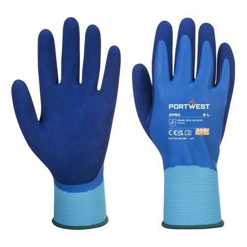 Ochranné rukavice, latexové, latexová pena, máčané v dlani, veľkosť S "Liquid Pro", modré