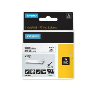 Feliratozógép szalag, vinil, 9 mm x 5,5 m, DYMO "Rhino", fehér-fekete