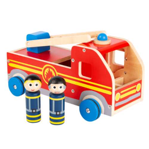 XL fa tűzoltóautó tűzoltókkal, piros sárga csíkokkal, kék kerekekkel, létrával és kék fénnyel a tetején