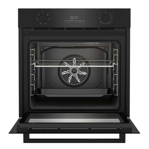 Beko BBIE17300B built-in oven, black, open door, showing interior with rack and fan