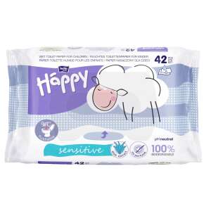 Bella Happy Sensitive Wilgotny Papier Toaletowy dla Dzieci, 42 sztuki, spłukiwalny, pH neutralny, 100% biodegradowalny, ekstrakt z aloesu - Mokry papier toaletowy
