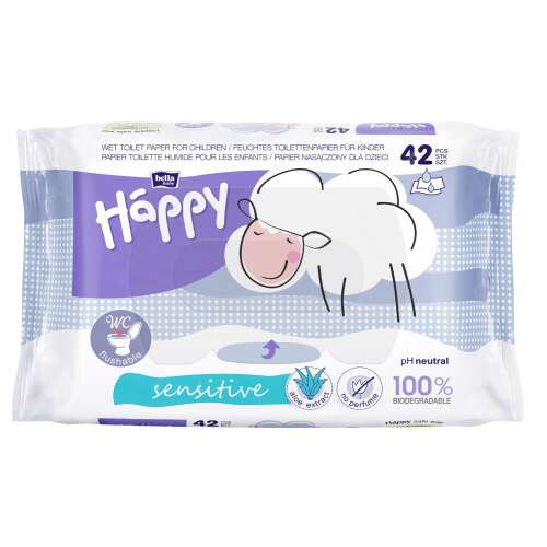 Bella Happy Sensitive Vlhčené Toaletný Papier pre Deti, 42 kusov, spláchnuteľný, pH neutrálny, 100% biologicky rozložiteľný, extrakt z aloe vera