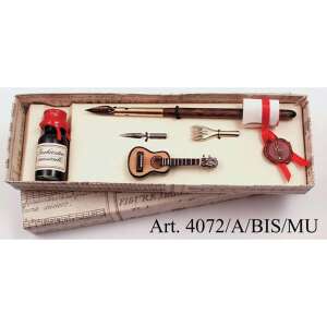 Rubinato gitáros kalligráfiai toll szett, tartalmaz egy fa mártogatós tollat aranyozott markolattal, tintásüveget fekete tintával, egy póthegyet, egy kottavonal húzó hegyet, egy pecsétet szalagon és egy kis hegedű makettet - Rubinato