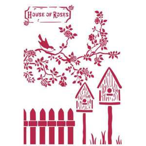 Festő sablon, A4 méretű, madárral rózsás ágon, madárházzal, kerítéssel és fűvel, House of Roses mintával - Rajzsablon