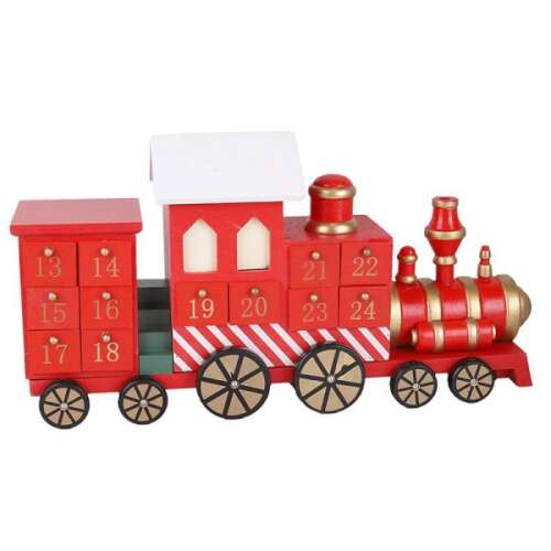Vonatos adventi naptár, 24 ajtóval, fa, piros, fehér, arany, karácsony, ajándék, gyerekeknek