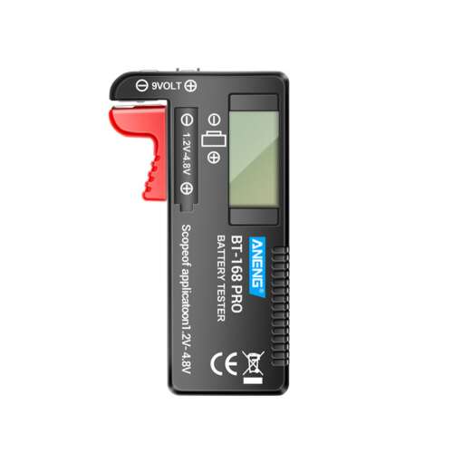 ANENG® digitális elemteszter, LCD kijelző, akkumulátorszint mérő, 1,2V-tól 9V, fekete