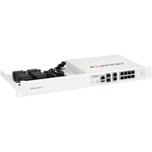 Kit de montare în rack Rackmount.IT 19" pentru seria FortiGate 90G / 91G, prezentând dispozitivul instalat în rack cu sursa de alimentare și cabluri
