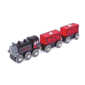 Hape Steam-Era Freight Train, wooden toy train set with locomotive and two cargo cars - Hape