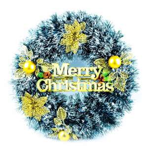 Karácsonyi koszorú arany díszekkel és 'Boldog Karácsonyt' felirattal - Ajtódísz