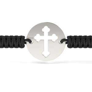 Bransoletka srebrna ze sznurkiem czarnym, model ortodoksyjny 06, z zawieszką w kształcie srebrnego krzyża - Moda i ubiór