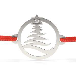 Ezüst karkötő piros zsinórral és karácsonyfa medállal, gyémánttal díszítve - Atcom Jewelry