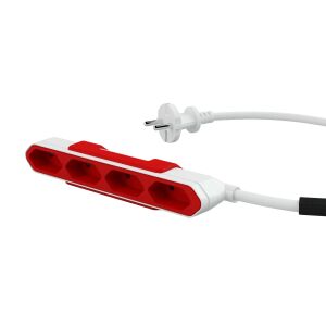 Allocacoc PowerBar 4-outlet power strip, white and red, angled view - Power Strip
