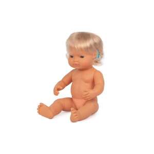 38 cm blonde baby doll with blue eyes, sitting, no clothes, on white background - Miniland