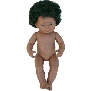 Miniland 38 cm Afro-American baby doll, black curly hair, brown skin, realistic features - Miniland