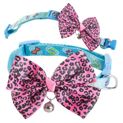 Adjustable dog and cat collar with bell and bowtie, blue with paw prints and bones, pink leopard print bowtie