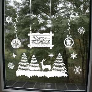 Christmas window stickers, Merry Christmas sign, reindeer, trees, snowflakes, white, decorative, festive, holiday, home decor - Window sticker
