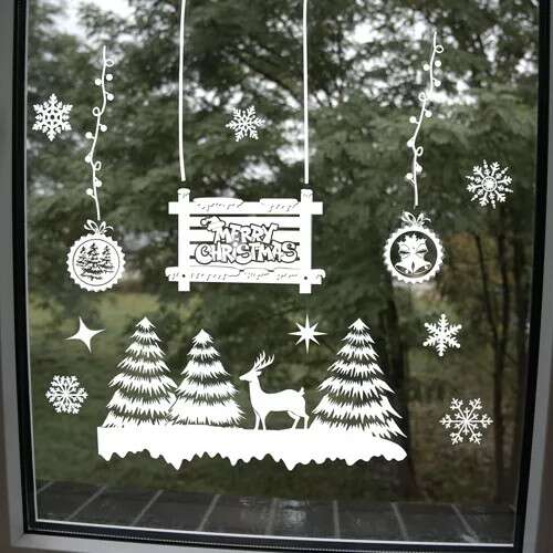Christmas window stickers, Merry Christmas sign, reindeer, trees, snowflakes, white, decorative, festive, holiday, home decor