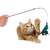 Cat playing with a feather teaser toy, a long stick with a feather on the end