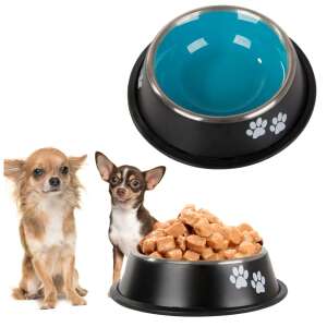 Black dog bowl with blue interior and paw prints, 150ml, non-slip, stainless steel, for small dogs - Cat Care