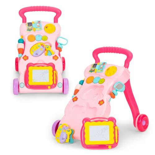 Pink interactive baby walker with activity center, drawing board, and music keys