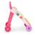 Side view of pink interactive baby walker with activity center, drawing board, and music keys