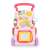 Front view of pink interactive baby walker with activity center, drawing board, and music keys
