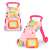 Pink interactive baby walker with activity center, drawing board, and music keys