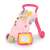 Pink interactive baby walker with activity center, drawing board, and music keys