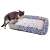 Cat bed with scratching surface, size S, blue and white pattern, cat sleeping on it