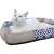 Cat bed with scratching surface, size S, blue and white pattern, cat sleeping on it
