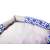 Close-up of the cat bed, blue and white pattern